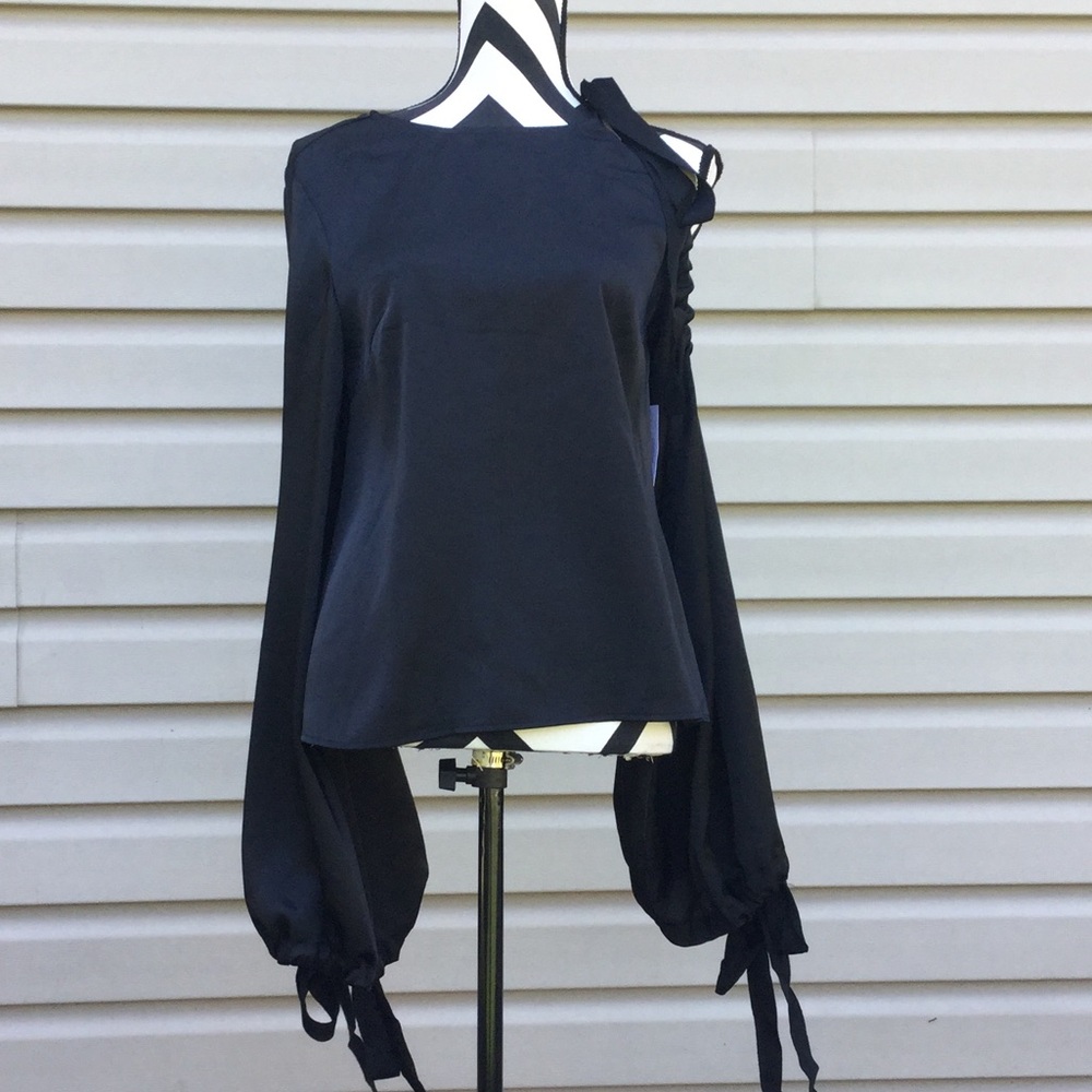 NWT Style Mafia Black Silky Cold Shoulder Tie Top